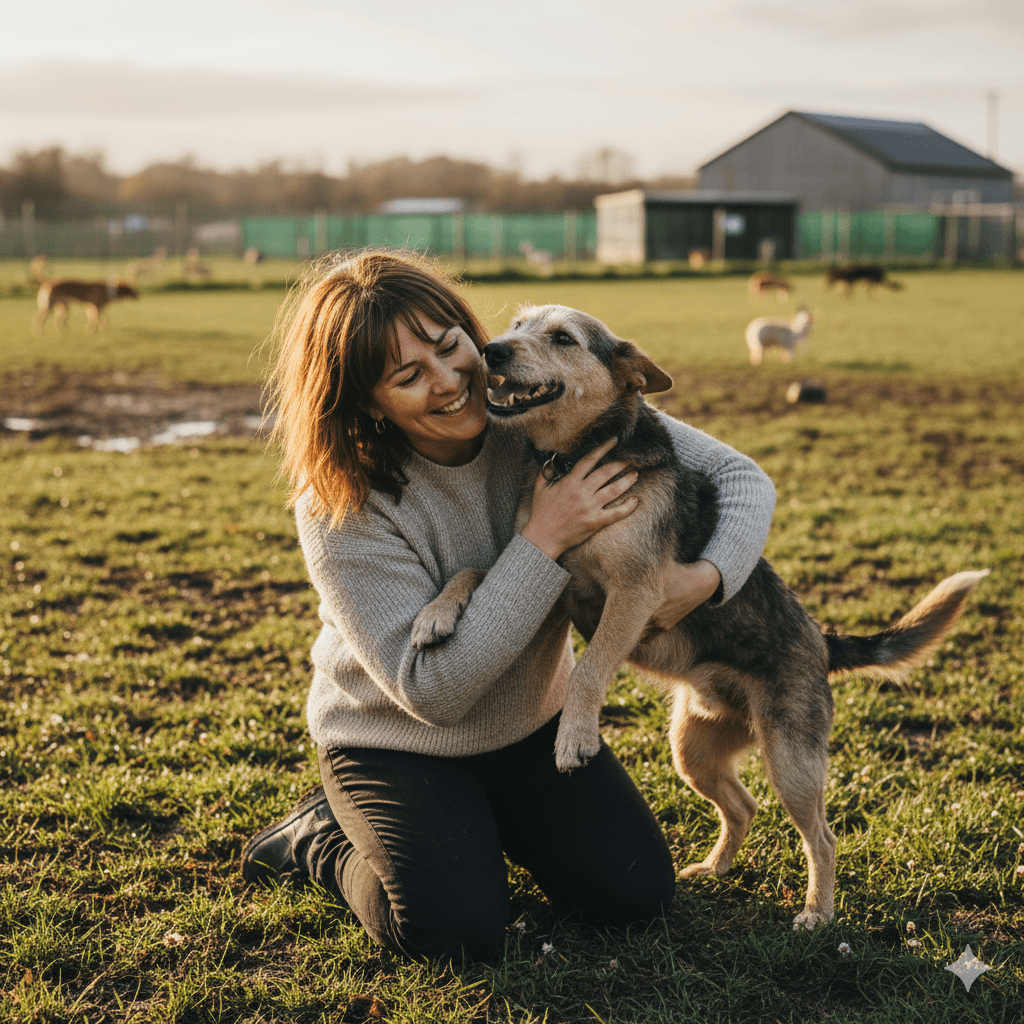 Pessoa sorrindo e abraçando um cão resgatado.