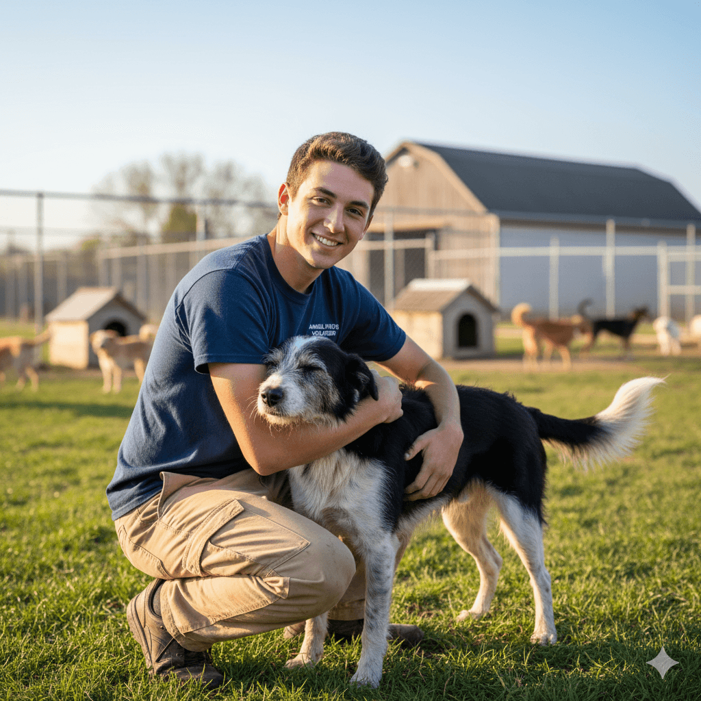 A volunteer hugging a dog